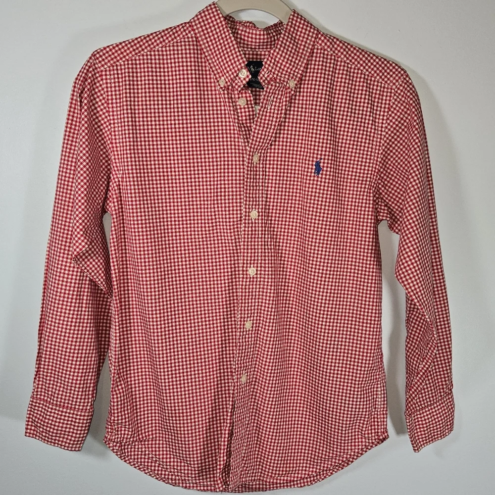 Ralph Lauren Boys Red Gingham Button Down Shirt Size Medium Long Sleeve